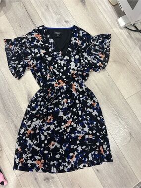 DKNY Floral Pleated Sleeve Dress Small Black Blue Pink Career Wedding Guest